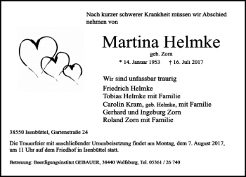 Traueranzeige von Martina Helmke von Aller Zeitung / Wolfsburger Allgemeine