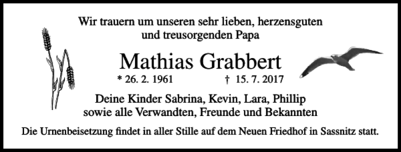  Traueranzeige für Mathias Grabbert vom 26.07.2017 aus Ostsee-Zeitung