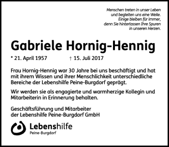 Traueranzeige von Nachruf Hornig-Hennig von Peiner Allgemeine Zeitung