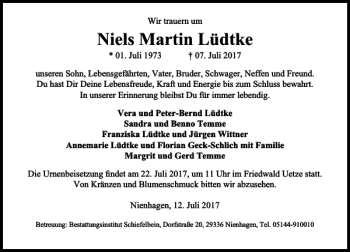 Traueranzeige von Niels Martin Lüdtke von HAZ/NP