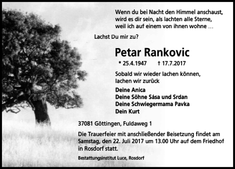 Traueranzeige für Petar Rankovic vom 20.07.2017 aus Göttinger Tageblatt