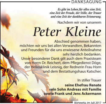 Traueranzeige von Peter Kleine von Leipziger Volkszeitung