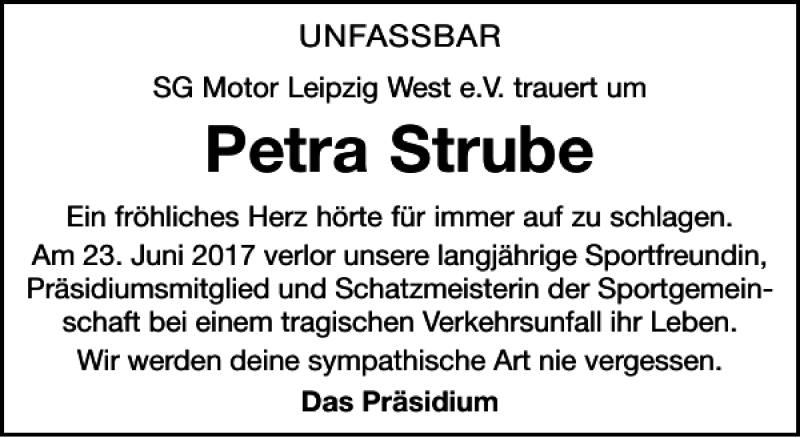  Traueranzeige für Petra Strube vom 01.07.2017 aus Leipziger Volkszeitung