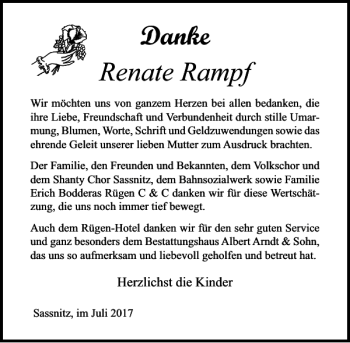 Traueranzeige von Renate Rampf von Ostsee-Zeitung