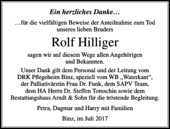 Traueranzeige von Rolf Hilliger von Ostsee-Zeitung
