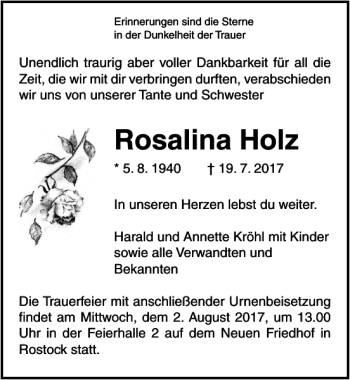 Traueranzeige von Rosalina Holz von Ostsee-Zeitung