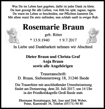 Traueranzeige von Rosemarie Braun von Peiner Allgemeine Zeitung
