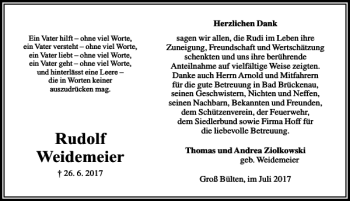 Traueranzeige von Rudolf Weidemeier von Peiner Allgemeine Zeitung