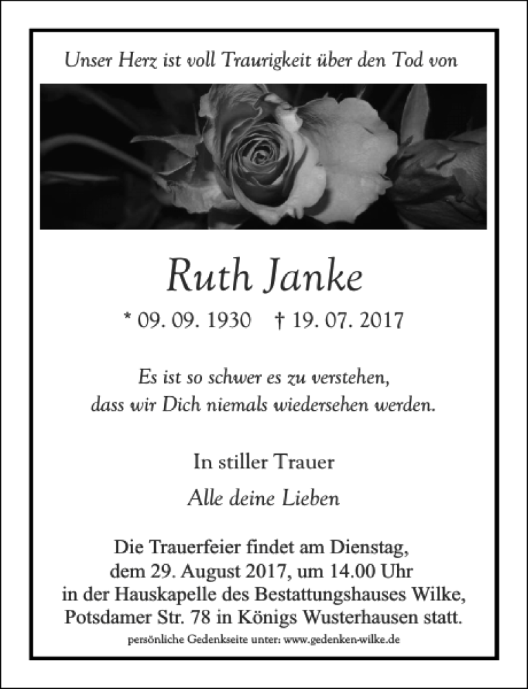 Traueranzeigen Von Ruth Janke | Trauer-anzeigen.de