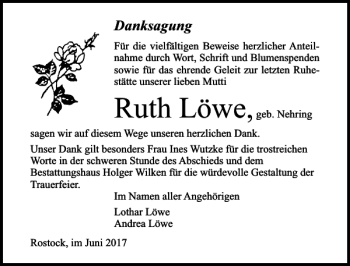 Traueranzeige von Ruth Löwe von Ostsee-Zeitung