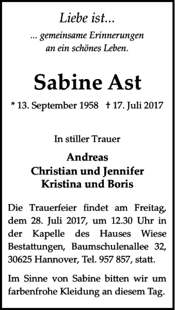  Traueranzeige für Sabine Ast vom 26.07.2017 aus HAZ/NP