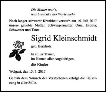 Traueranzeige von Sigrid Kleinschmidt von Ostsee-Zeitung