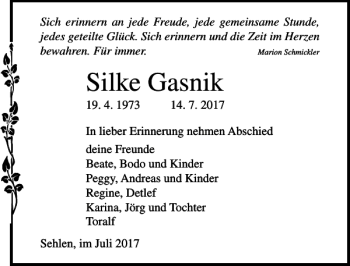 Traueranzeige von Silke Gasnik von Ostsee-Zeitung