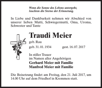 Traueranzeige von Traudi Meier von MAZ-Trauer.de