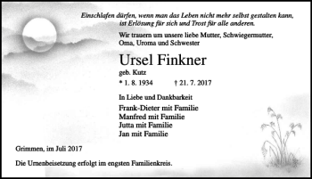 Traueranzeige von Ursel Finkner von Ostsee-Zeitung