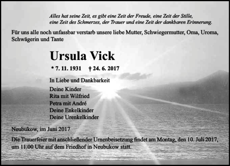  Traueranzeige für Ursula Vick vom 06.07.2017 aus Ostsee-Zeitung