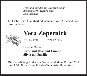 Traueranzeige von Vera Zepernick von MAZ-Trauer.de