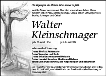 Traueranzeige von Walter Kleinschmager von Torgauer Zeitung