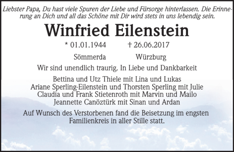  Traueranzeige für Winfried Eilenstein vom 29.07.2017 aus HAZ/NP