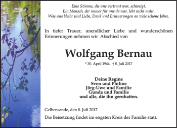 Traueranzeige von Wolfgang Bernau von Ostsee-Zeitung