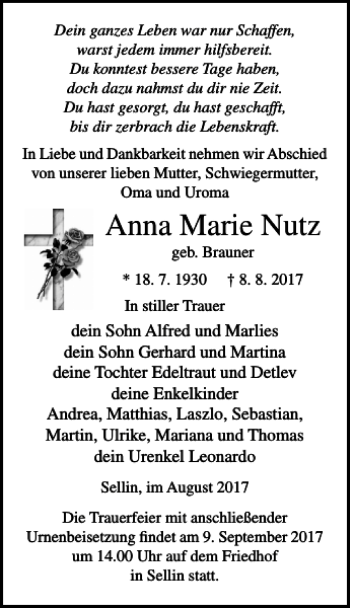 Traueranzeige von Anna Marie Nutz von Ostsee-Zeitung
