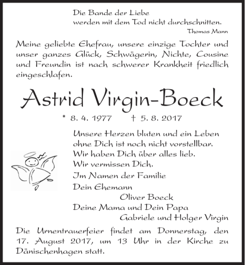  Traueranzeige für Astrid Virgin-Boeck vom 12.08.2017 aus Kieler Nachrichten / Segeberger Zeitung