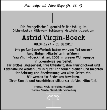 Traueranzeige von Astrid Virgin-Boeck von Kieler Nachrichten / Segeberger Zeitung