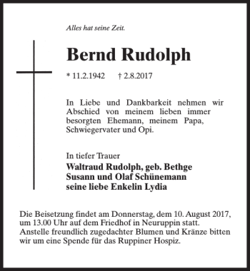 Traueranzeige von Bernd Rudolph von MAZ-Trauer.de