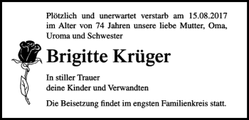 Traueranzeige von Brigitte Krüger von Ostsee-Zeitung