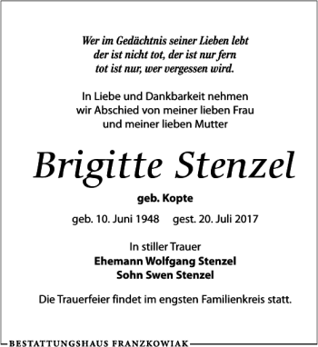 Traueranzeige von Brigitte Stenze von Leipziger Volkszeitung