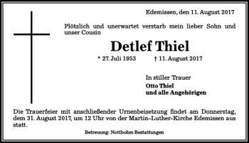 Traueranzeige von Detlef Thiel von Peiner Allgemeine Zeitung