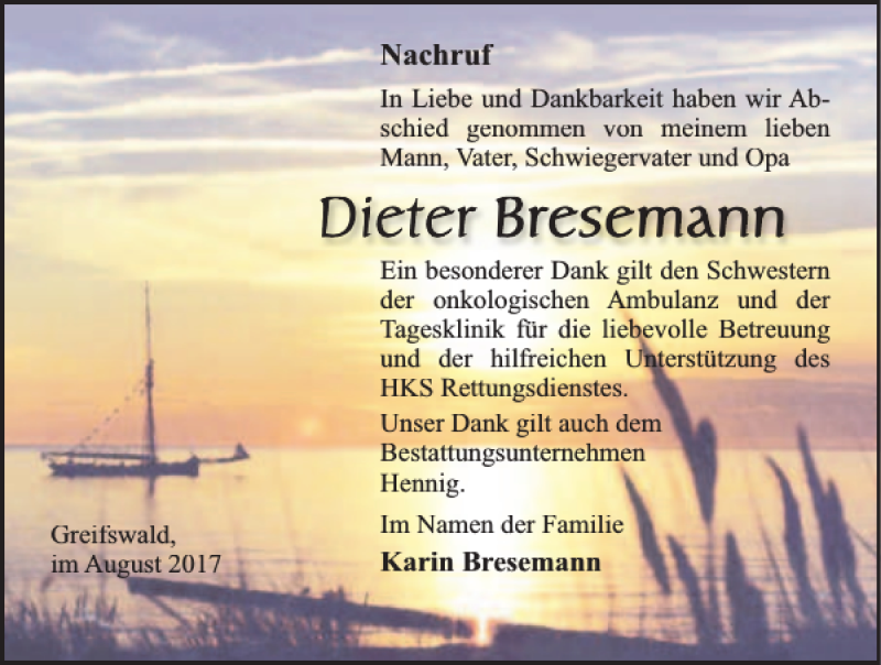  Traueranzeige für Dieter Bresemann vom 05.08.2017 aus Ostsee-Zeitung