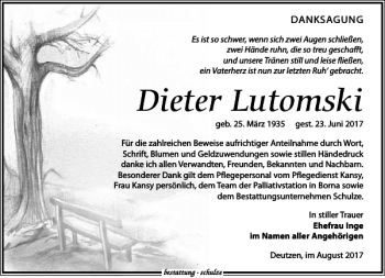 Traueranzeige von Dieter Lutomski von Leipziger Volkszeitung