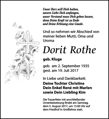 Traueranzeige von Dorit Rothe von Leipziger Volkszeitung