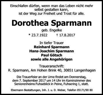 Traueranzeige von Dorothea Sparmann von Peiner Allgemeine Zeitung
