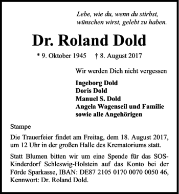 Traueranzeige von Dr. Roland Dold von Kieler Nachrichten / Segeberger Zeitung