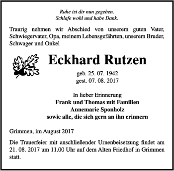 Traueranzeige von Eckhard Rutzen von Ostsee-Zeitung