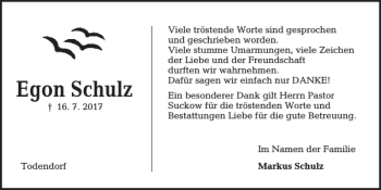 Traueranzeige von Egon Schulz von Kieler Nachrichten / Segeberger Zeitung