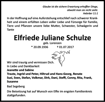 Traueranzeige von Elfriede Juliane Schulze von Kieler Nachrichten / Segeberger Zeitung