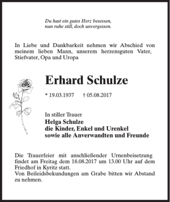 Traueranzeige von Erhard Schulze von MAZ-Trauer.de