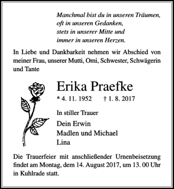 Traueranzeige von Erika Praefke von Ostsee-Zeitung