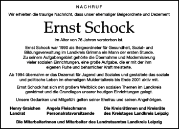 Traueranzeige von Ernst Schock von Leipziger Volkszeitung
