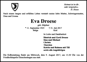 Traueranzeige von Eva Droese von Kieler Nachrichten / Segeberger Zeitung