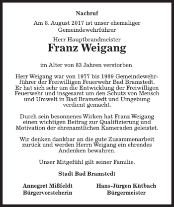 Traueranzeige von Franz Weigang von Kieler Nachrichten / Segeberger Zeitung