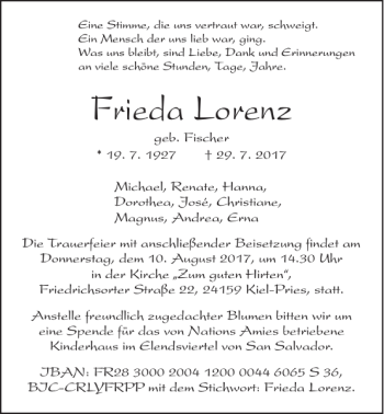 Traueranzeige von Frieda Lorenz von Kieler Nachrichten / Segeberger Zeitung