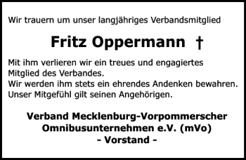 Traueranzeige von Fritz Oppermann von Ostsee-Zeitung
