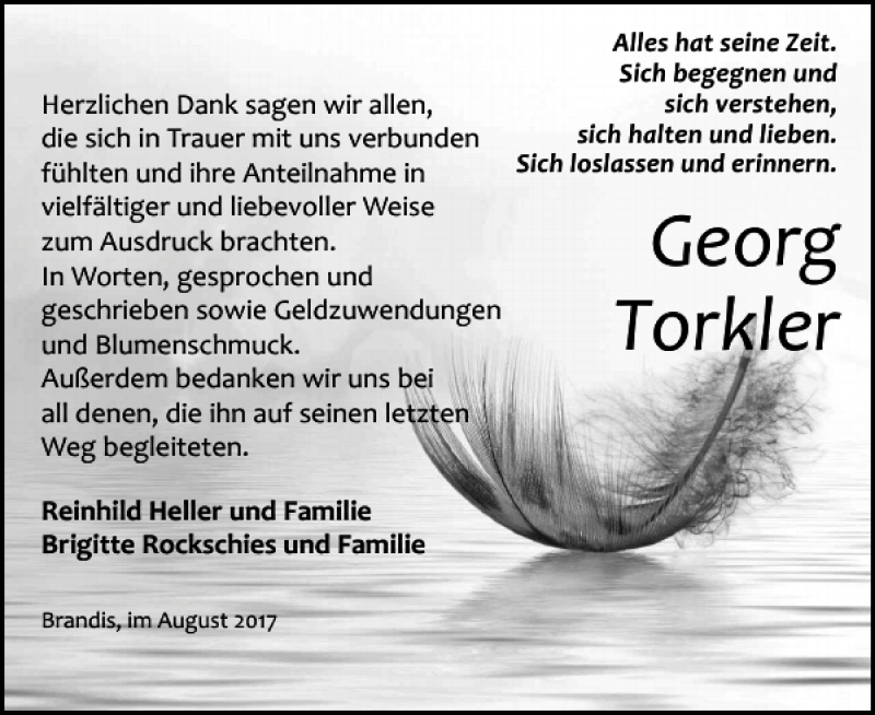  Traueranzeige für Georg Torkler vom 12.08.2017 aus Leipziger Volkszeitung