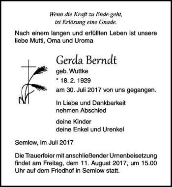 Traueranzeige von Gerda Berndt von Ostsee-Zeitung