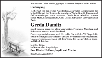 Traueranzeige von Gerda Damitz von MAZ-Trauer.de