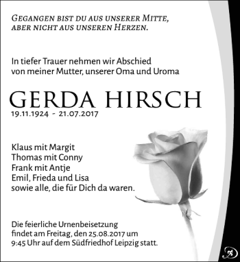 Traueranzeige von Gerda Hirsch von Leipziger Volkszeitung